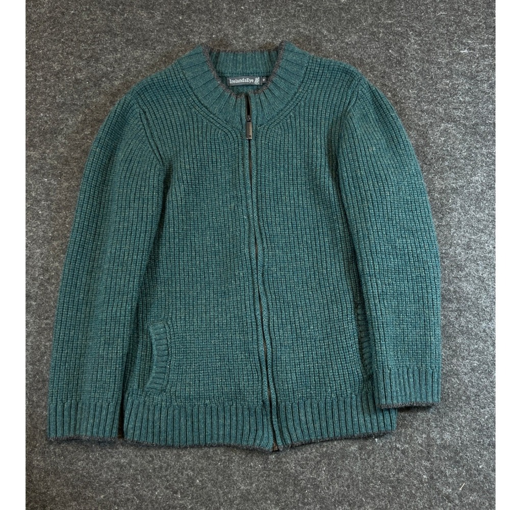 IrelandsEye Dublin Mens Medium Full Zip Virgin Wool Ribbed Cardigan Green Irish
